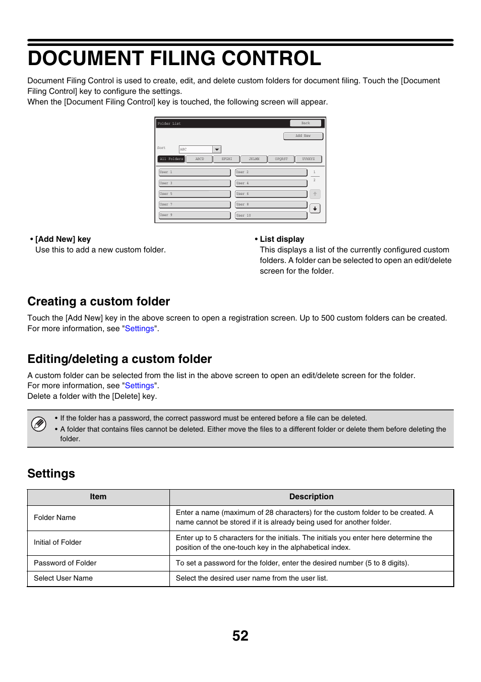 Document filing control, Creating a custom folder, Editing/deleting a custom folder | Settings | Sharp MX-M850 User Manual | Page 566 / 655