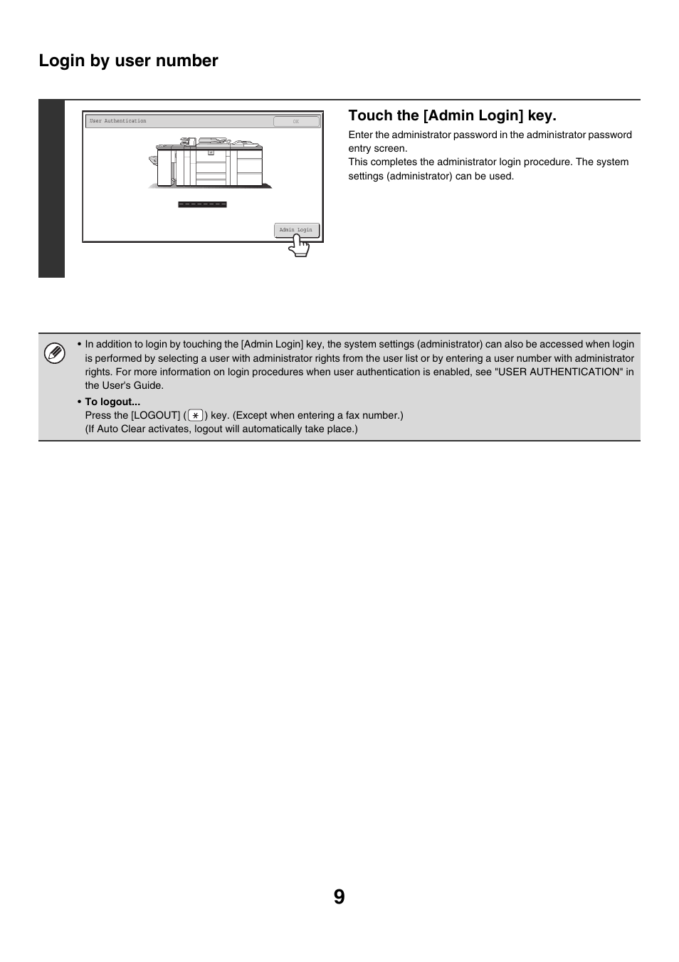 Login by user number, Touch the [admin login] key | Sharp MX-M850 User Manual | Page 579 / 655