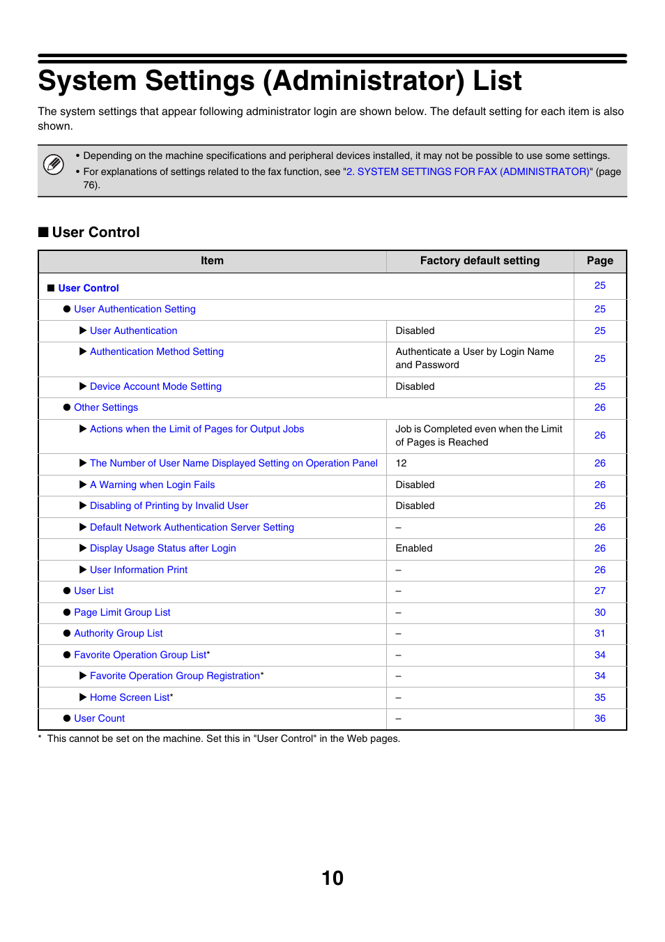 System settings (administrator) list, User control | Sharp MX-M850 User Manual | Page 580 / 655