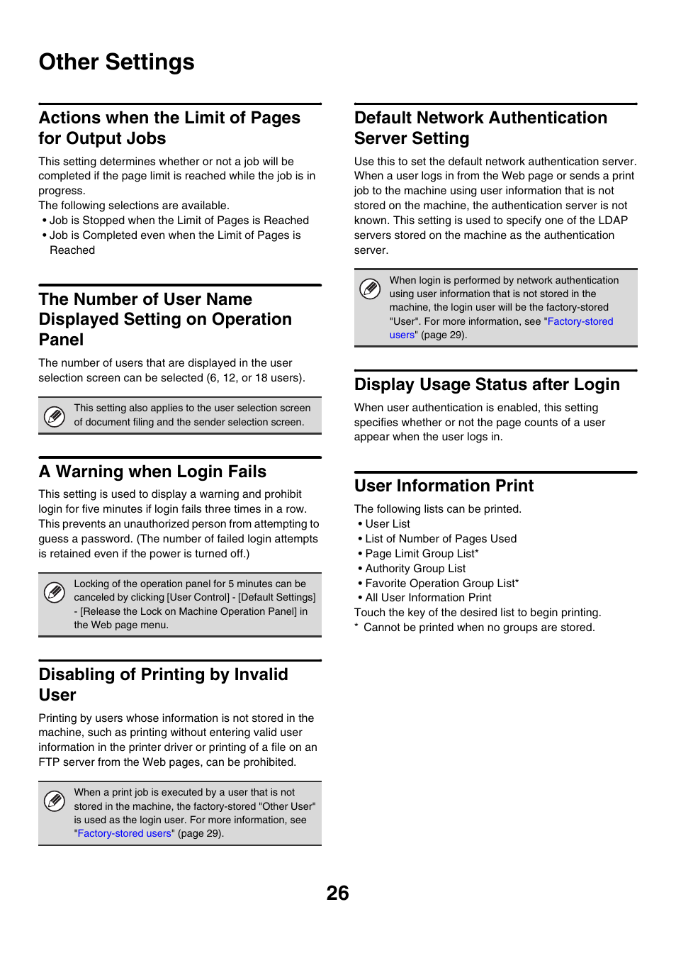 Other settings, A warning when login fails, Disabling of printing by invalid user | Default network authentication server setting, Display usage status after login, User information print, Actions when the limit of pages for output jobs | Sharp MX-M850 User Manual | Page 596 / 655