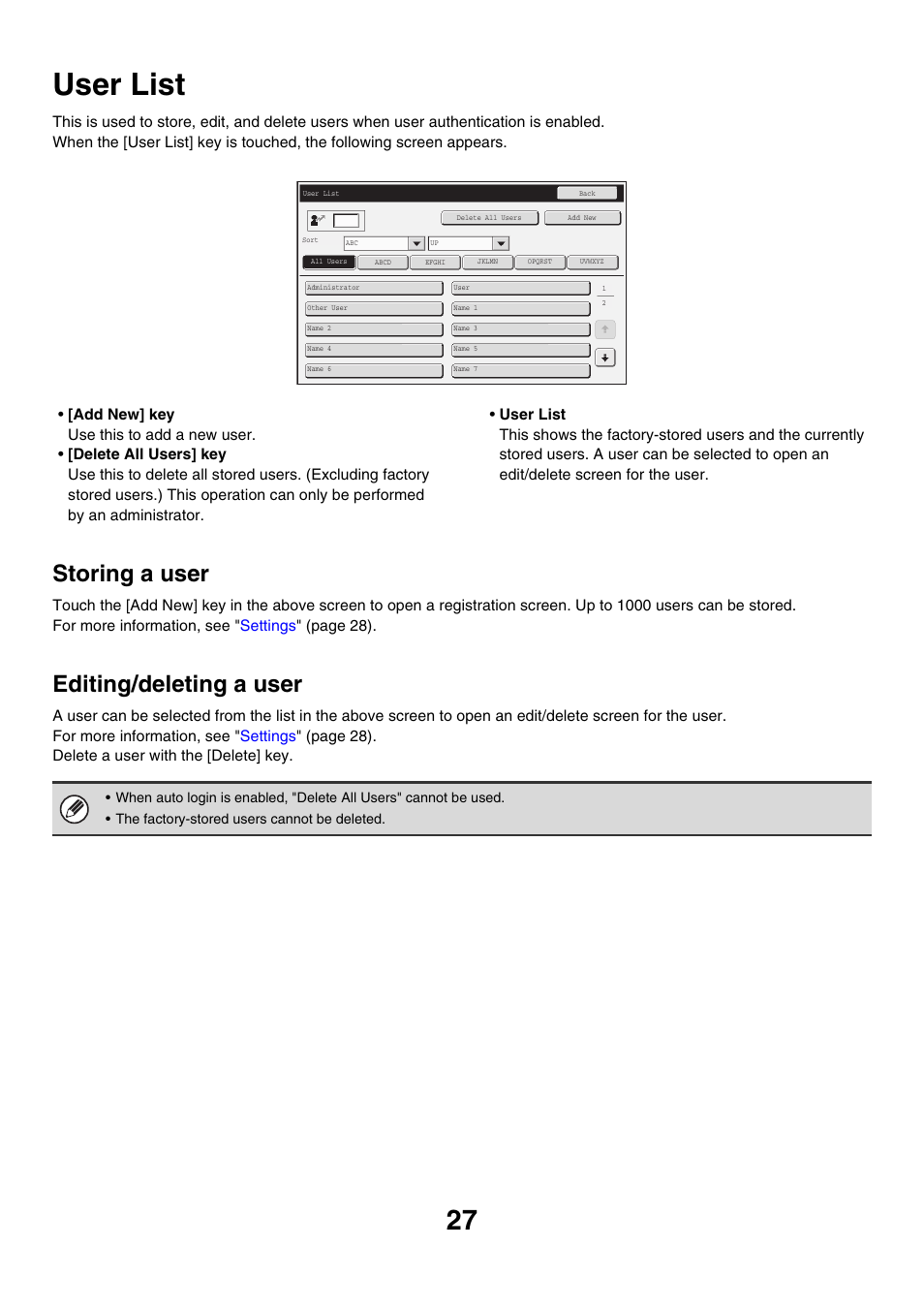 User list, Storing a user, Editing/deleting a user | Sharp MX-M850 User Manual | Page 597 / 655