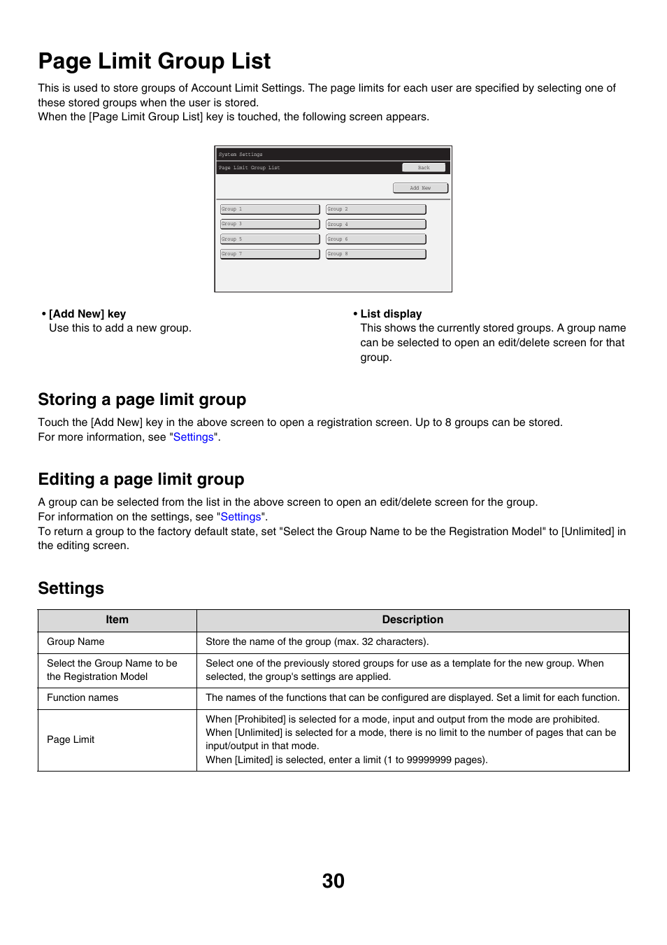 Ge 30), Page limit group list, Storing a page limit group | Editing a page limit group, Settings | Sharp MX-M850 User Manual | Page 600 / 655