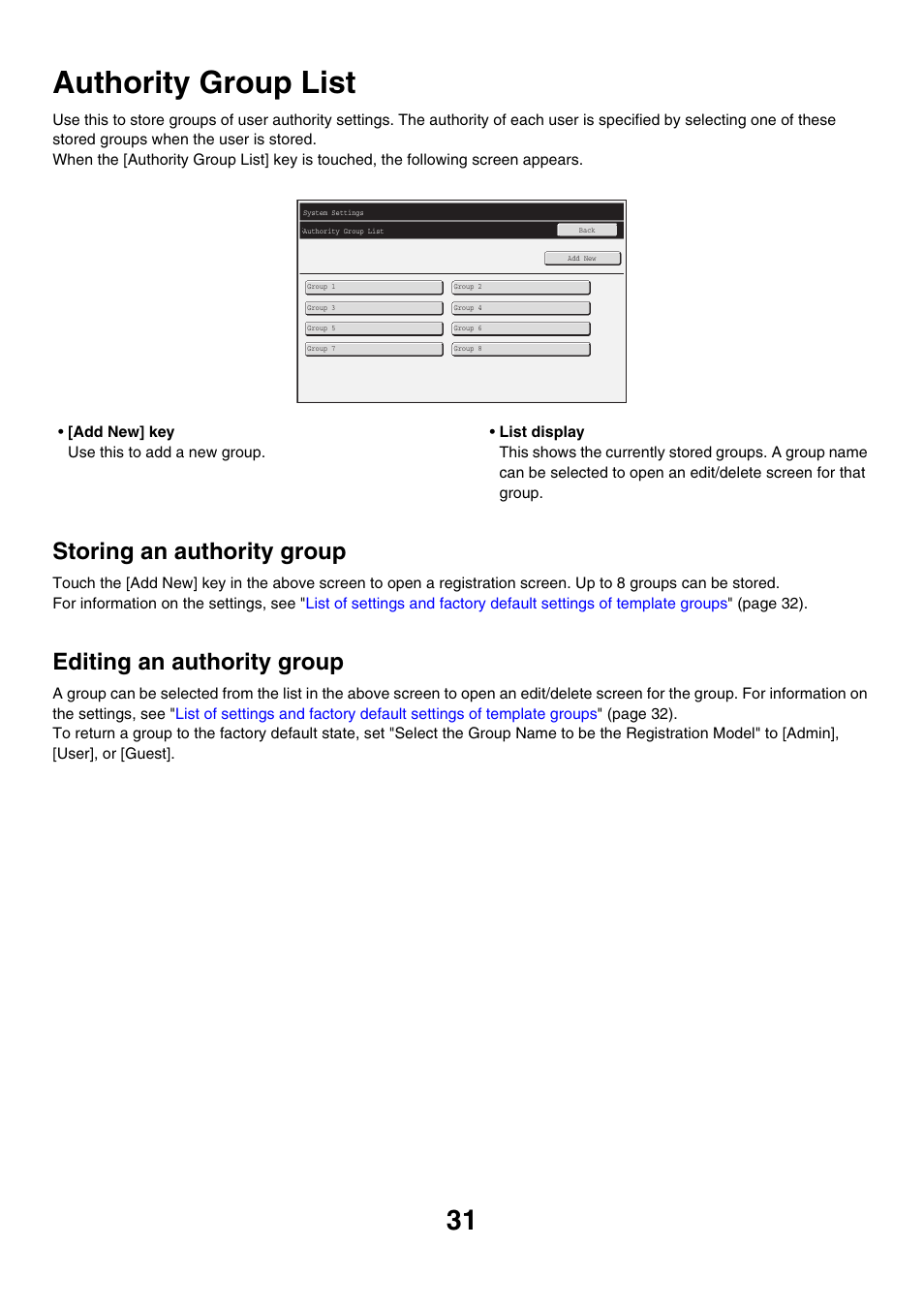 Authority group list, Storing an authority group, Editing an authority group | Sharp MX-M850 User Manual | Page 601 / 655