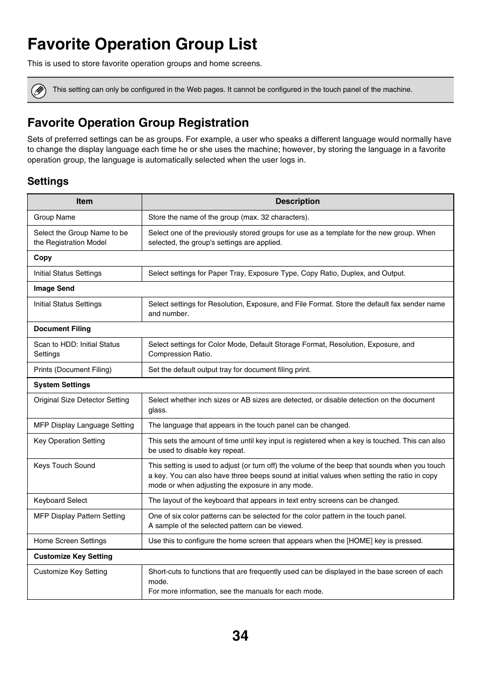 Favorite operation group list, Favorite operation group registration, Settings | Sharp MX-M850 User Manual | Page 604 / 655