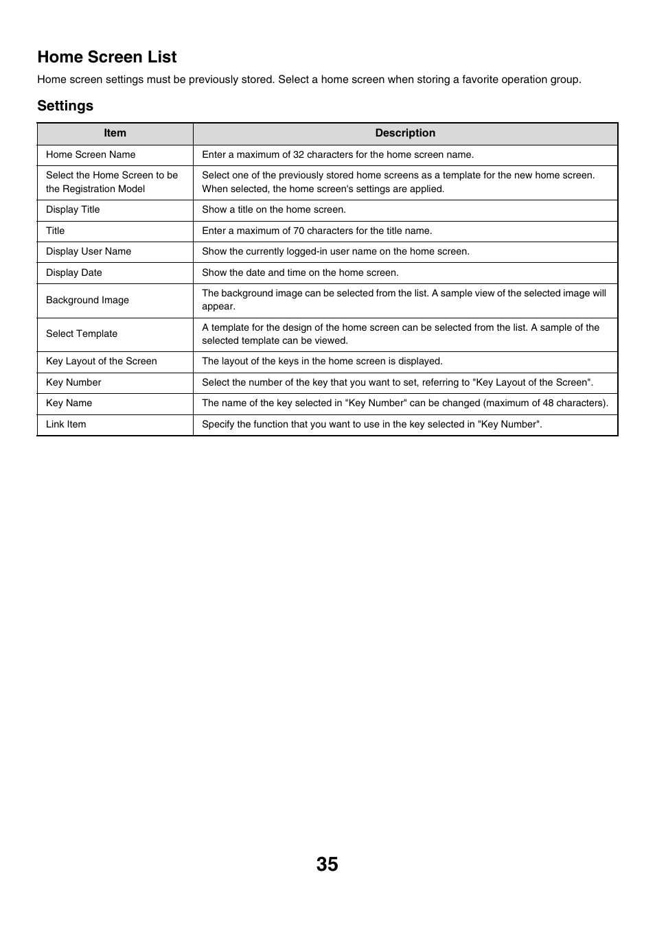 Home screen list, Settings | Sharp MX-M850 User Manual | Page 605 / 655