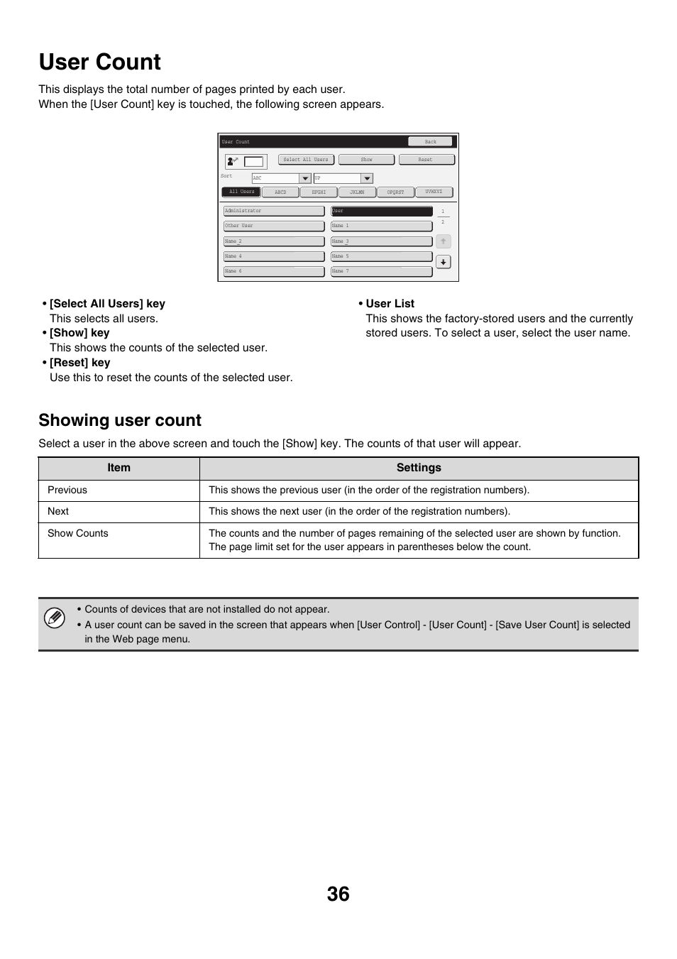 User count, Showing user count | Sharp MX-M850 User Manual | Page 606 / 655