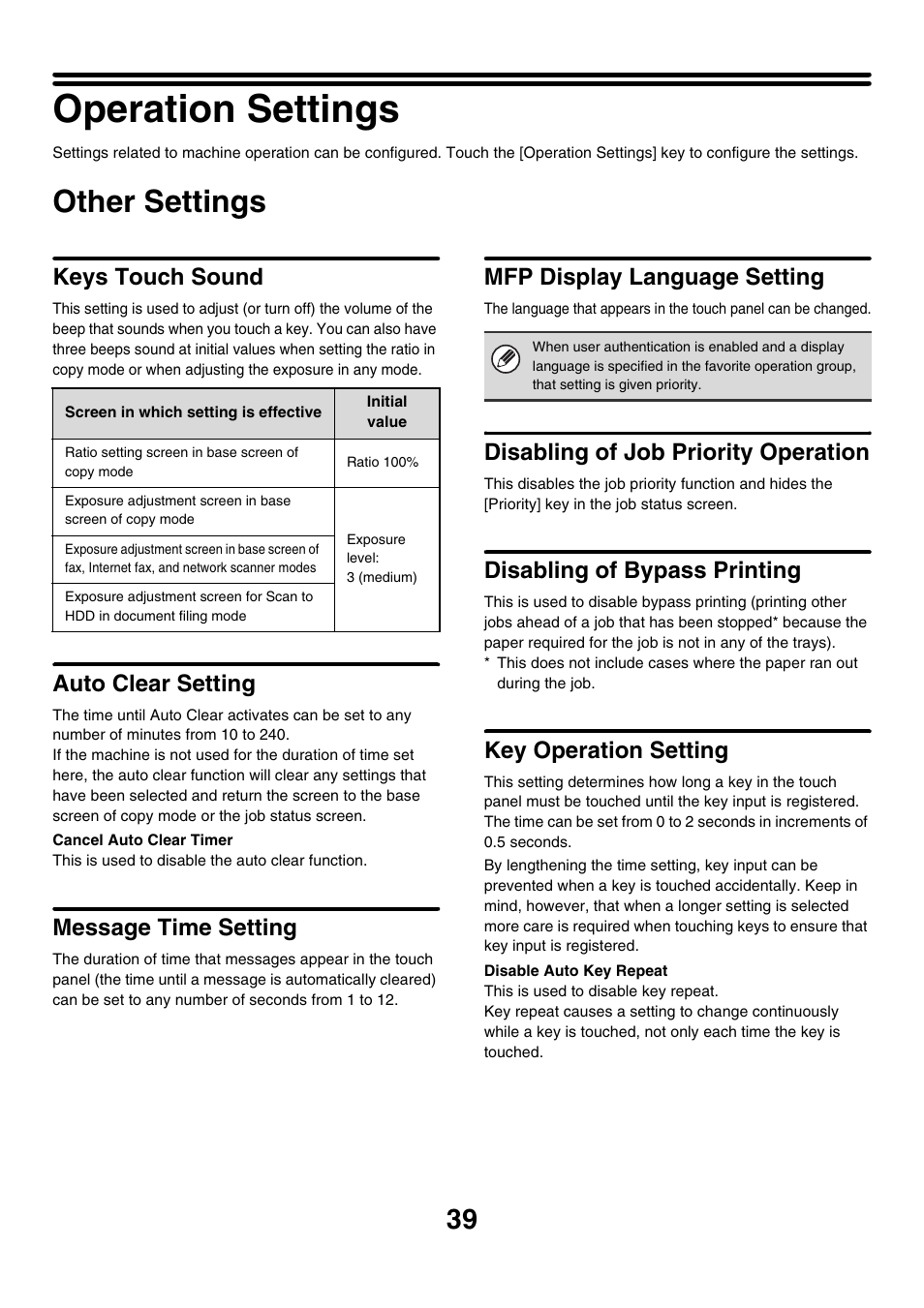 Operation settings, Other settings, Keys touch sound | Auto clear setting, Message time setting, Mfp display language setting, Disabling of job priority operation, Disabling of bypass printing, Key operation setting | Sharp MX-M850 User Manual | Page 609 / 655