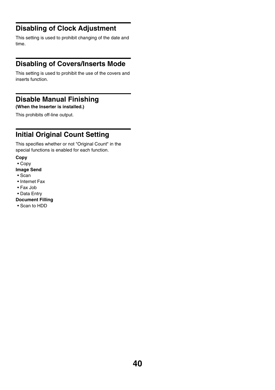 Disabling of clock adjustment, Disabling of covers/inserts mode, Disable manual finishing | Initial original count setting | Sharp MX-M850 User Manual | Page 610 / 655