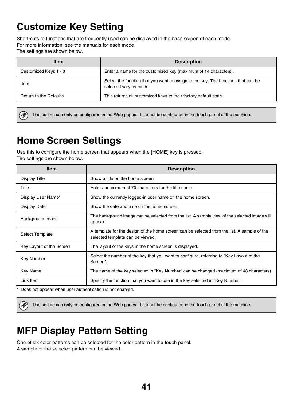 Customize key setting, Home screen settings, Mfp display pattern setting | Sharp MX-M850 User Manual | Page 611 / 655