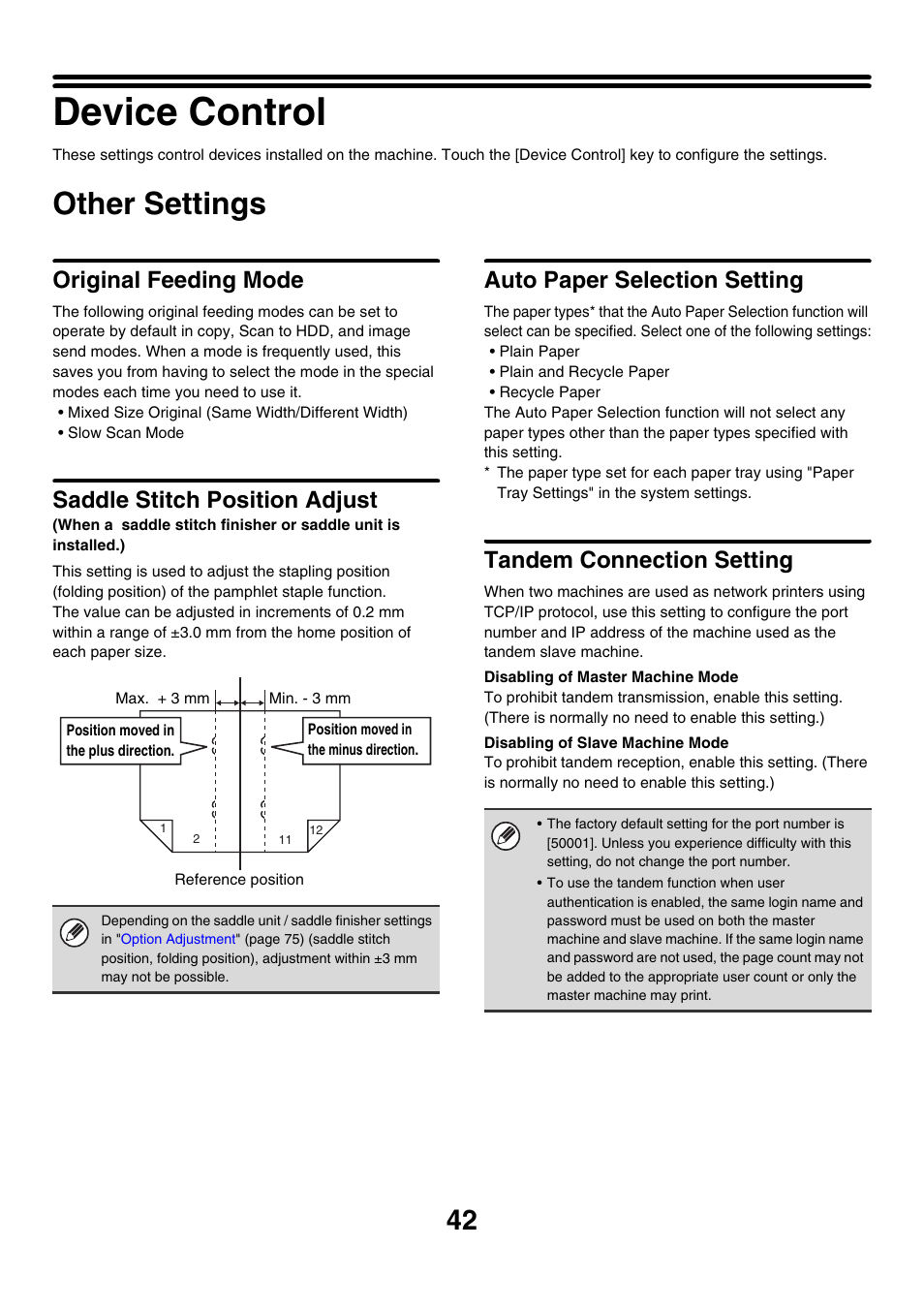 Device control, Other settings, Original feeding mode | Saddle stitch position adjust, Auto paper selection setting, Tandem connection setting | Sharp MX-M850 User Manual | Page 612 / 655