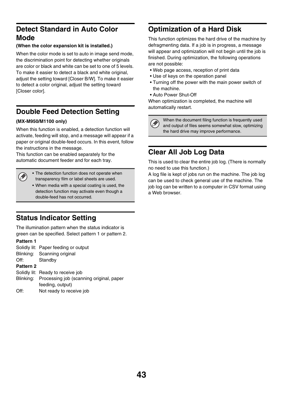 Detect standard in auto color mode, Double feed detection setting, Status indicator setting | Optimization of a hard disk, Clear all job log data | Sharp MX-M850 User Manual | Page 613 / 655