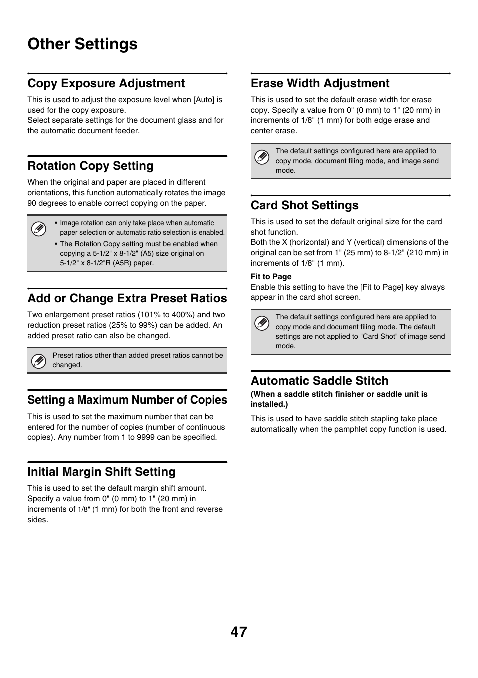 Other settings, Copy exposure adjustment, Rotation copy setting | Add or change extra preset ratios, Setting a maximum number of copies, Initial margin shift setting, Erase width adjustment, Card shot settings, Automatic saddle stitch | Sharp MX-M850 User Manual | Page 617 / 655