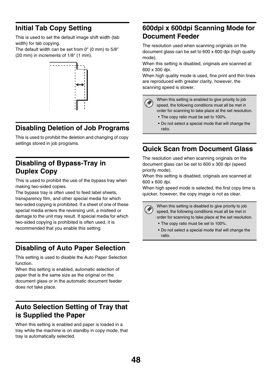 Initial tab copy setting, Disabling deletion of job programs, Disabling of bypass-tray in duplex copy | Disabling of auto paper selection, 600dpi x 600dpi scanning mode for document feeder, Quick scan from document glass | Sharp MX-M850 User Manual | Page 618 / 655