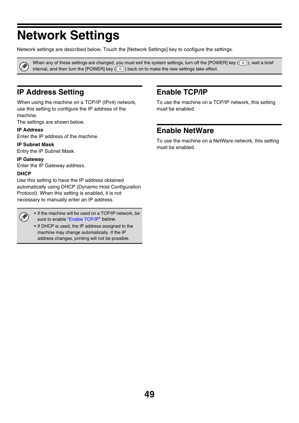 Network settings, Ip address setting, Enable tcp/ip | Enable netware | Sharp MX-M850 User Manual | Page 619 / 655