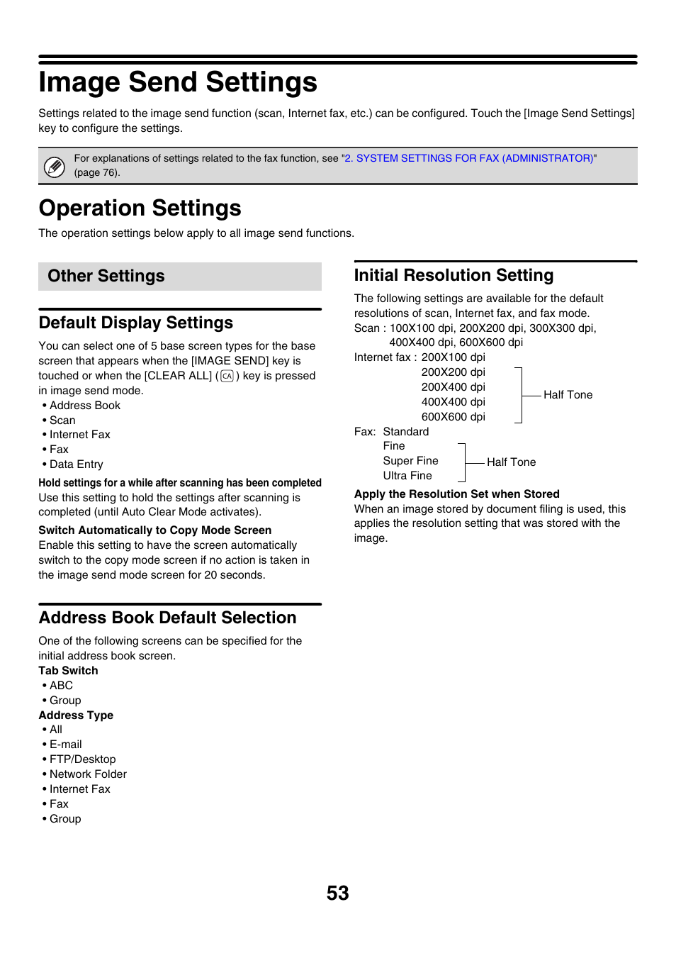 Image send settings, Operation settings, Other settings | Default display settings, Address book default selection, Initial resolution setting | Sharp MX-M850 User Manual | Page 623 / 655