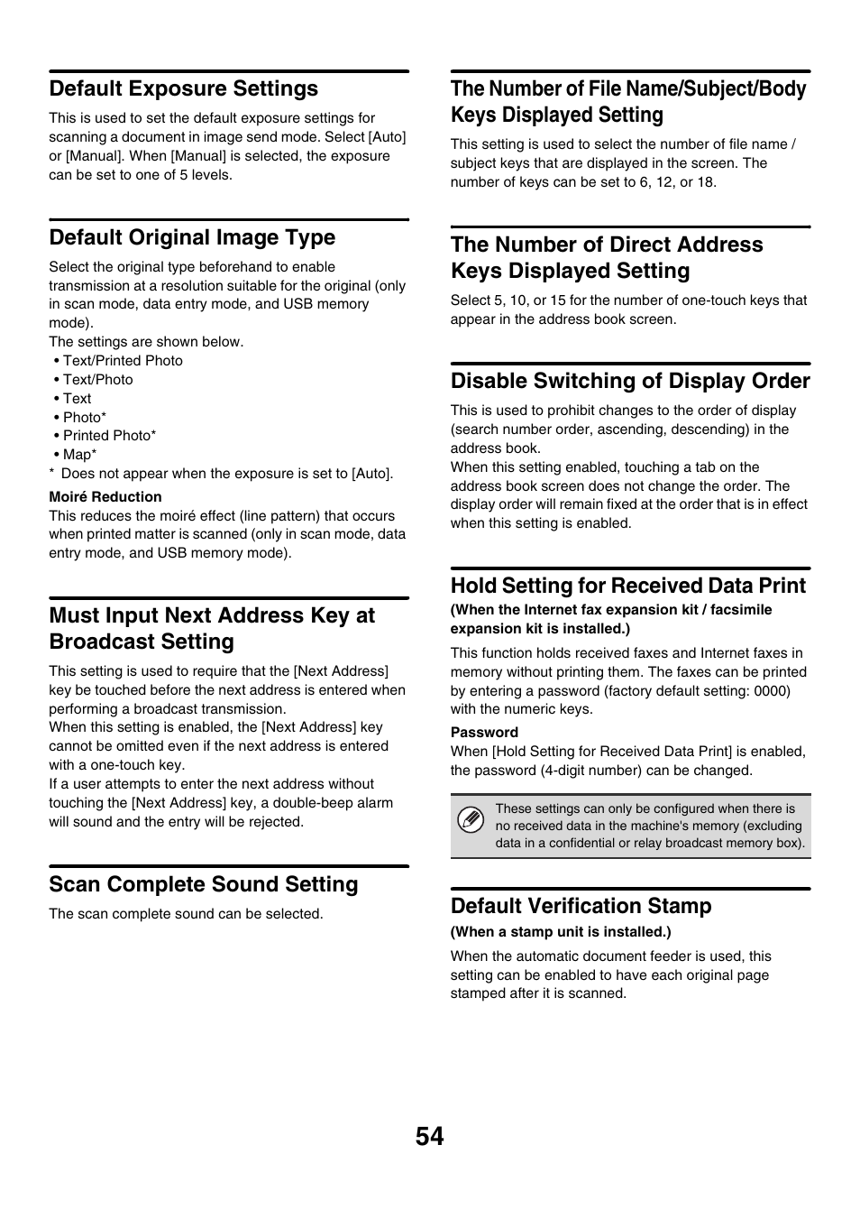 Default exposure settings, Default original image type, Must input next address key at broadcast setting | Scan complete sound setting, Disable switching of display order, Hold setting for received data print, Default verification stamp | Sharp MX-M850 User Manual | Page 624 / 655