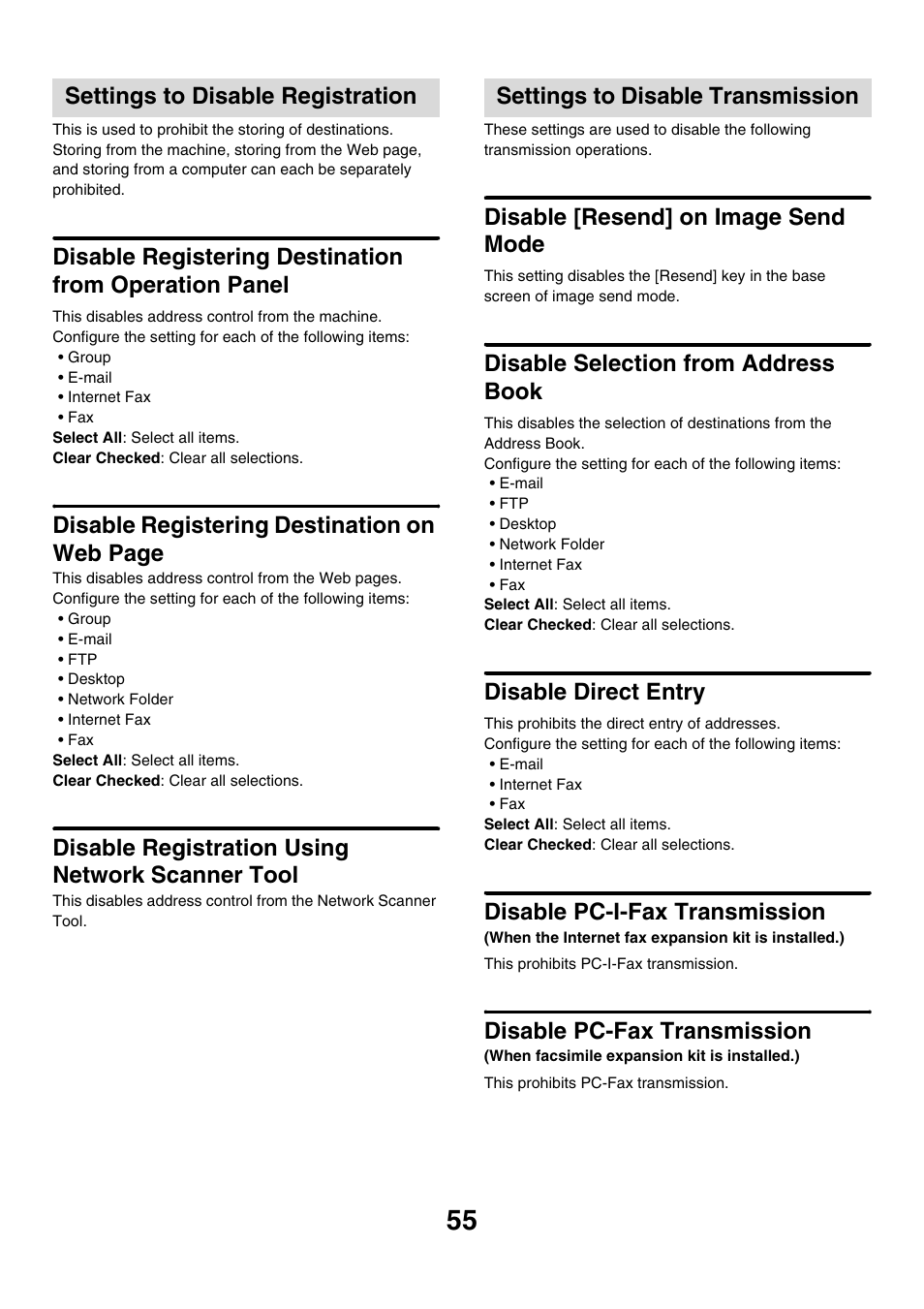 Settings to disable registration, Disable registration using network scanner tool, Settings to disable transmission | Disable [resend] on image send mode, Disable selection from address book, Disable direct entry, Disable pc-i-fax transmission, Disable pc-fax transmission, Disable registering destination on web page | Sharp MX-M850 User Manual | Page 625 / 655