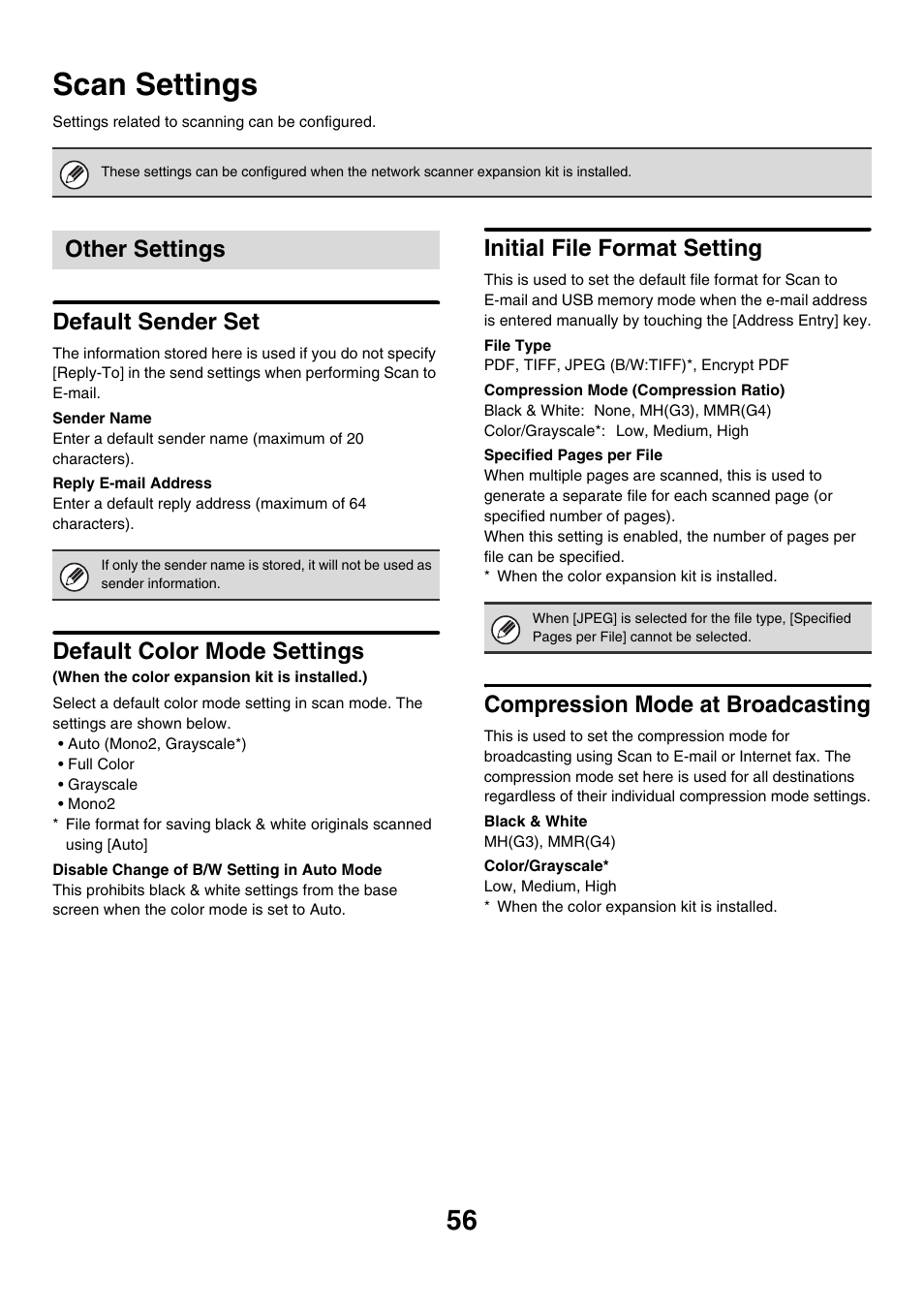 Scan settings, Other settings, Default sender set | Default color mode settings, Initial file format setting, Compression mode at broadcasting | Sharp MX-M850 User Manual | Page 626 / 655