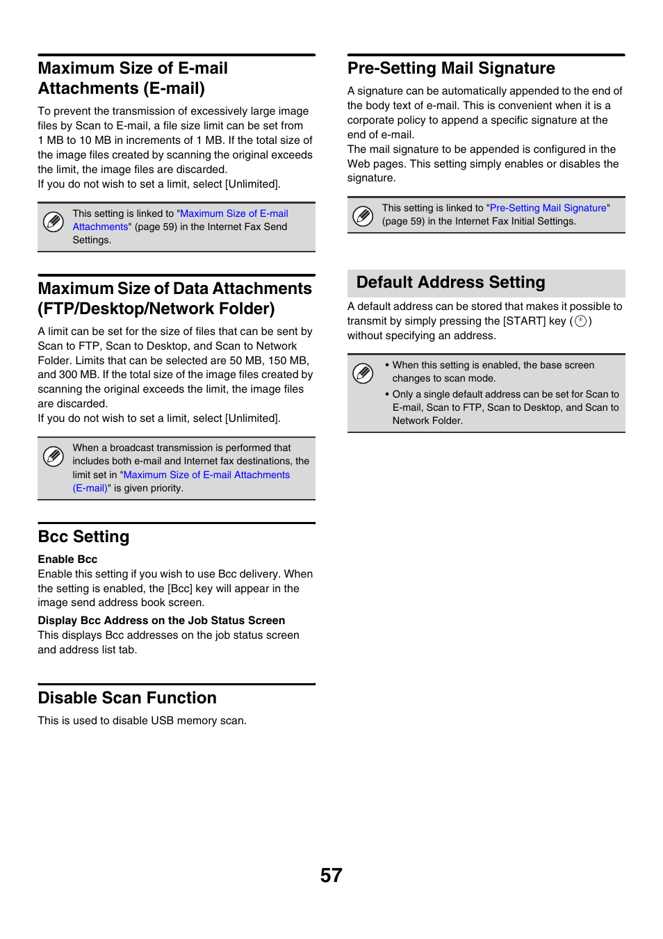 Maximum size of e-mail attachments (e-mail), Bcc setting, Disable scan function | Pre-setting mail signature, Default address setting | Sharp MX-M850 User Manual | Page 627 / 655