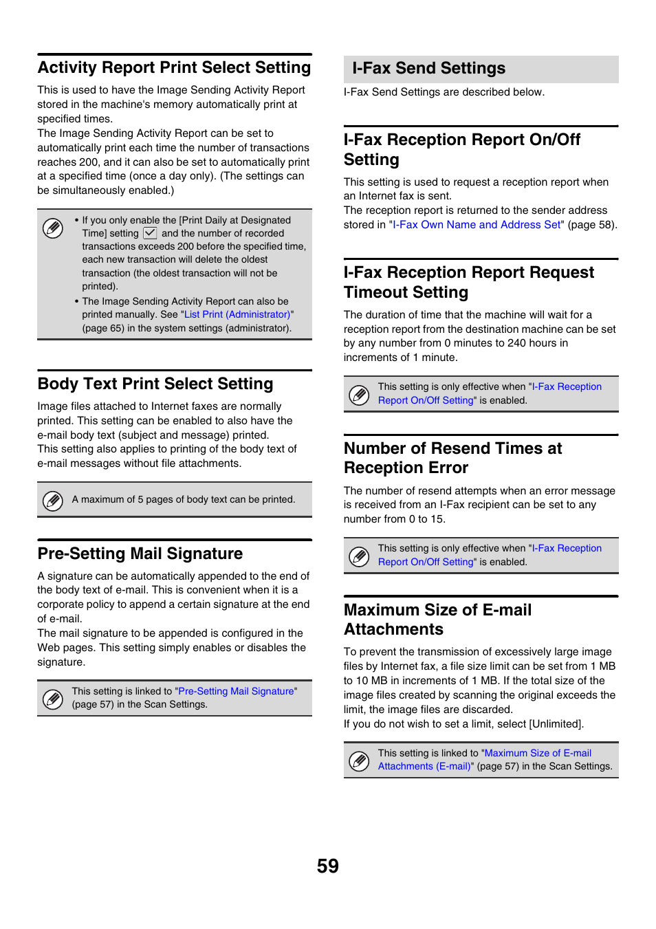 Activity report print select setting, Body text print select setting, Pre-setting mail signature | I-fax send settings, I-fax reception report on/off setting, I-fax reception report request timeout setting, Number of resend times at reception error, Maximum size of e-mail attachments, Maximum size of e-mail, Attachments | Sharp MX-M850 User Manual | Page 629 / 655