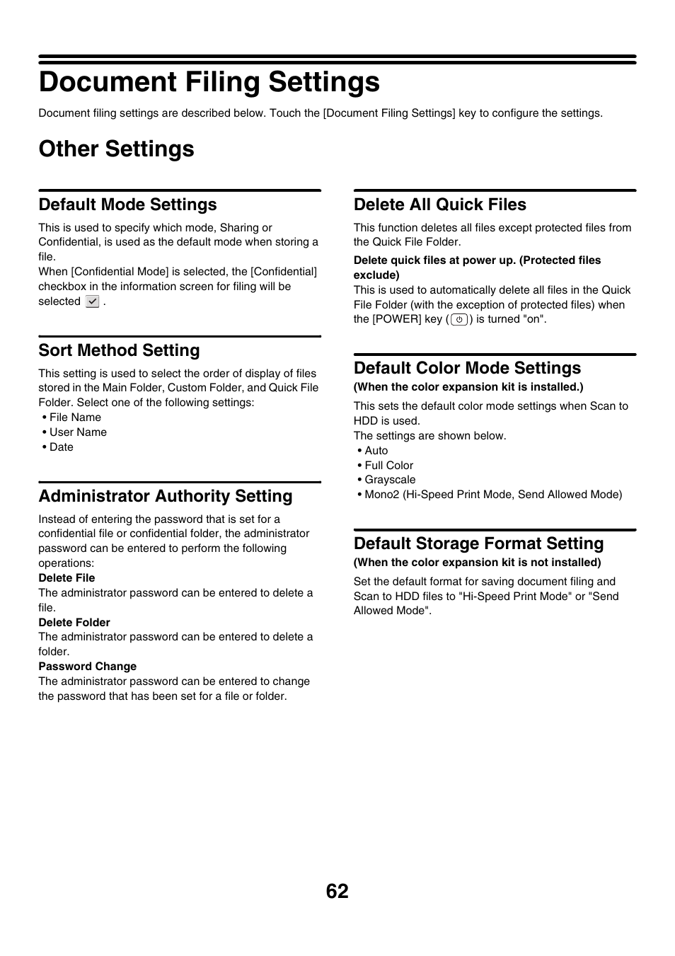 Document filing settings, Other settings, Default mode settings | Sort method setting, Administrator authority setting, Delete all quick files, Default color mode settings, Default storage format setting | Sharp MX-M850 User Manual | Page 632 / 655