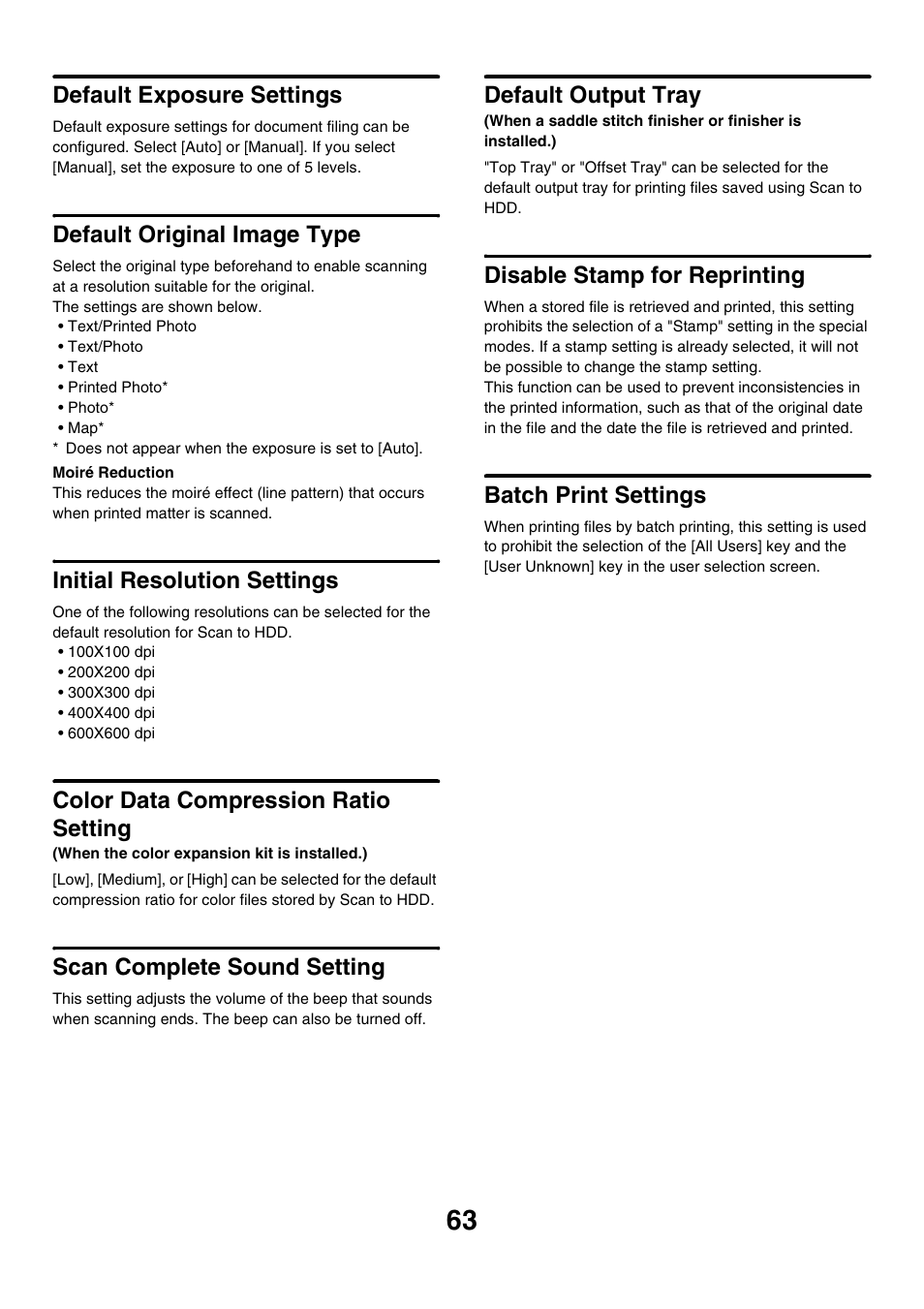 Default exposure settings, Default original image type, Initial resolution settings | Color data compression ratio setting, Scan complete sound setting, Default output tray, Disable stamp for reprinting, Batch print settings | Sharp MX-M850 User Manual | Page 633 / 655