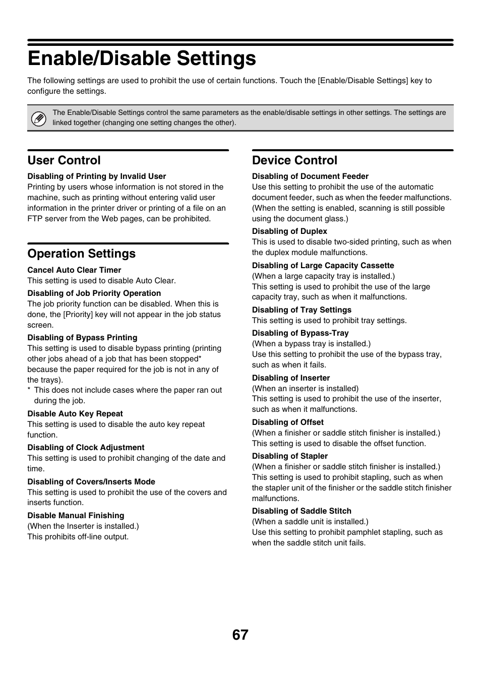 Enable/disable settings, User control, Disabling of printing by invalid user | Operation settings, Cancel auto clear timer, Disabling of job priority operation, Disabling of bypass printing, Disable auto key repeat, Disabling of clock adjustment, Disabling of covers/inserts mode | Sharp MX-M850 User Manual | Page 637 / 655