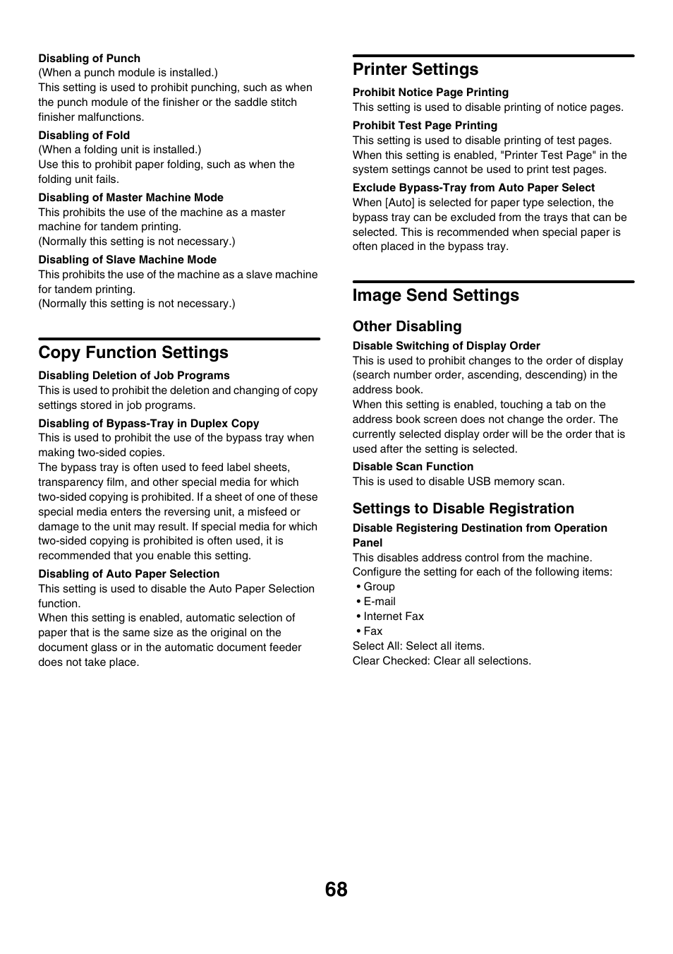 Disabling of punch, Disabling of fold, Disabling of master machine mode | Disabling of slave machine mode, Copy function settings, Disabling deletion of job programs, Disabling of bypass-tray in duplex copy, Disabling of auto paper selection, Printer settings, Exclude bypass-tray from auto paper select | Sharp MX-M850 User Manual | Page 638 / 655