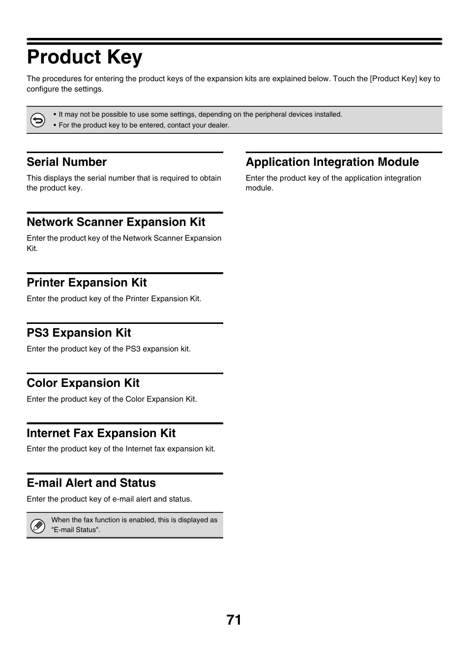 Product key, Serial number, Network scanner expansion kit | Printer expansion kit, Ps3 expansion kit, Color expansion kit, Internet fax expansion kit, E-mail alert and status, Application integration module | Sharp MX-M850 User Manual | Page 641 / 655