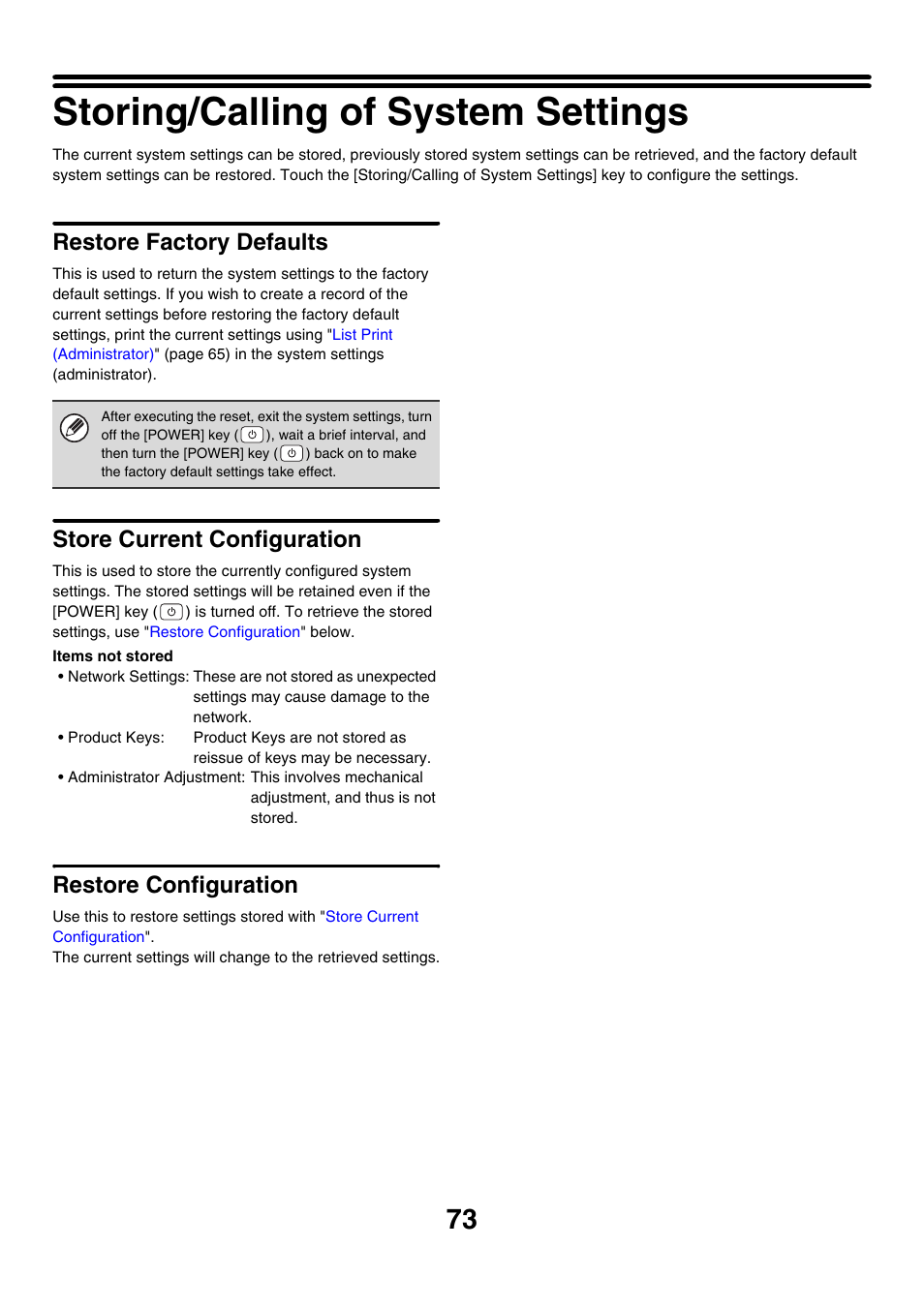 Storing/calling of system settings, Restore factory defaults, Store current configuration | Restore configuration | Sharp MX-M850 User Manual | Page 643 / 655