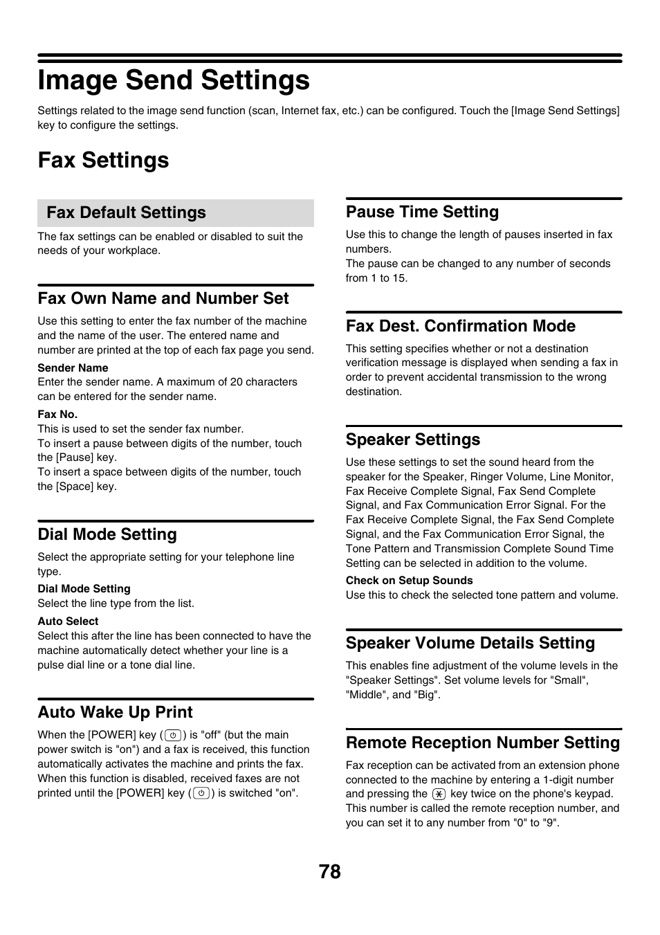 Image send settings, Fax settings, Fax default settings | Fax own name and number set, Dial mode setting, Auto wake up print, Pause time setting, Fax dest. confirmation mode, Speaker settings, Speaker volume details setting | Sharp MX-M850 User Manual | Page 648 / 655