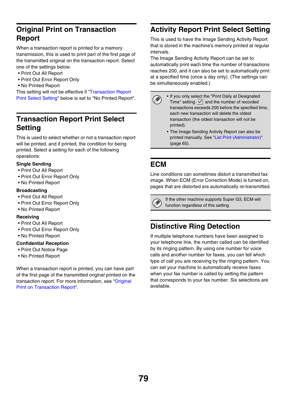 Original print on transaction report, Transaction report print select setting, Activity report print select setting | Distinctive ring detection | Sharp MX-M850 User Manual | Page 649 / 655