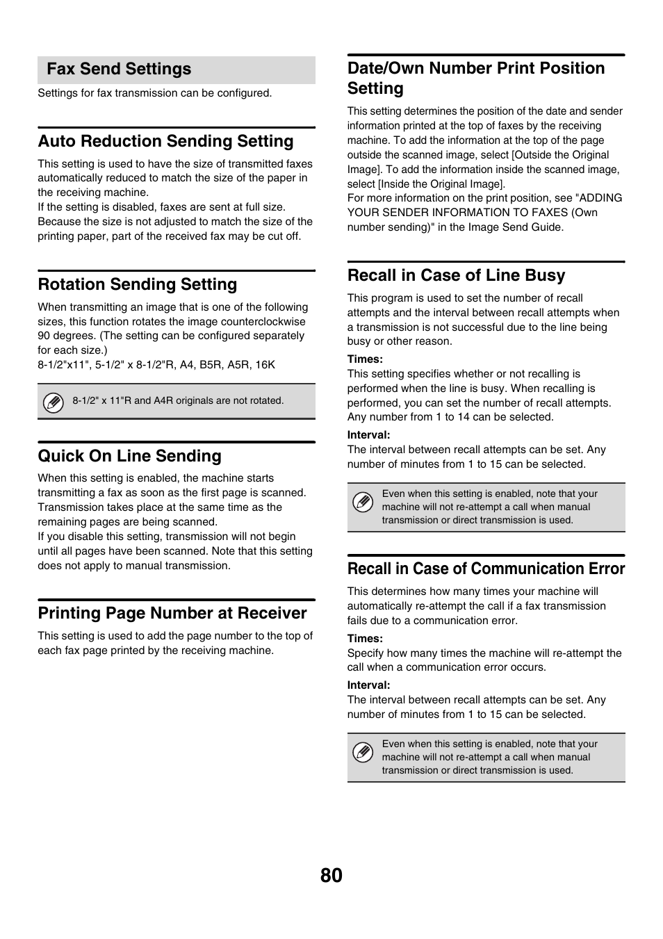 Fax send settings, Auto reduction sending setting, Rotation sending setting | Quick on line sending, Date/own number print position setting, Recall in case of line busy, Recall in case of communication error, Printing page number at receiver | Sharp MX-M850 User Manual | Page 650 / 655