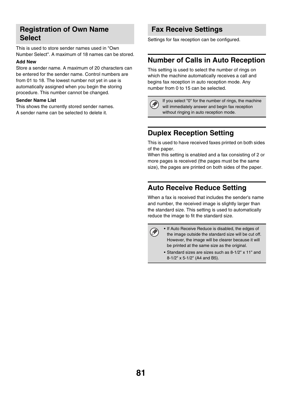 Registration of own name select, Fax receive settings, Number of calls in auto reception | Duplex reception setting, Auto receive reduce setting | Sharp MX-M850 User Manual | Page 651 / 655