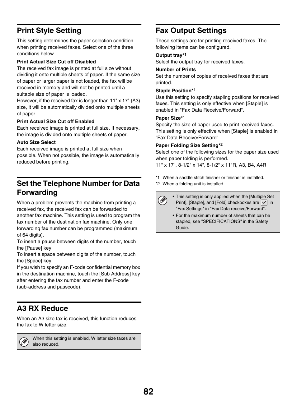 Print style setting, Set the telephone number for data forwarding, A3 rx reduce | Fax output settings | Sharp MX-M850 User Manual | Page 652 / 655