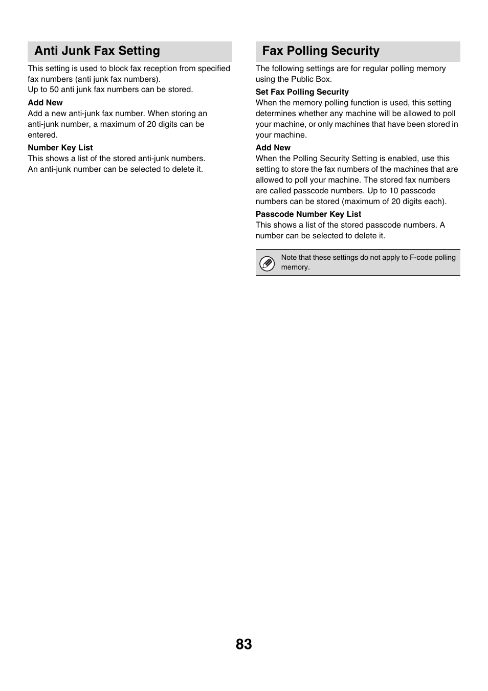 Anti junk fax setting, Fax polling security, Anti junk fax setting fax polling security | Sharp MX-M850 User Manual | Page 653 / 655