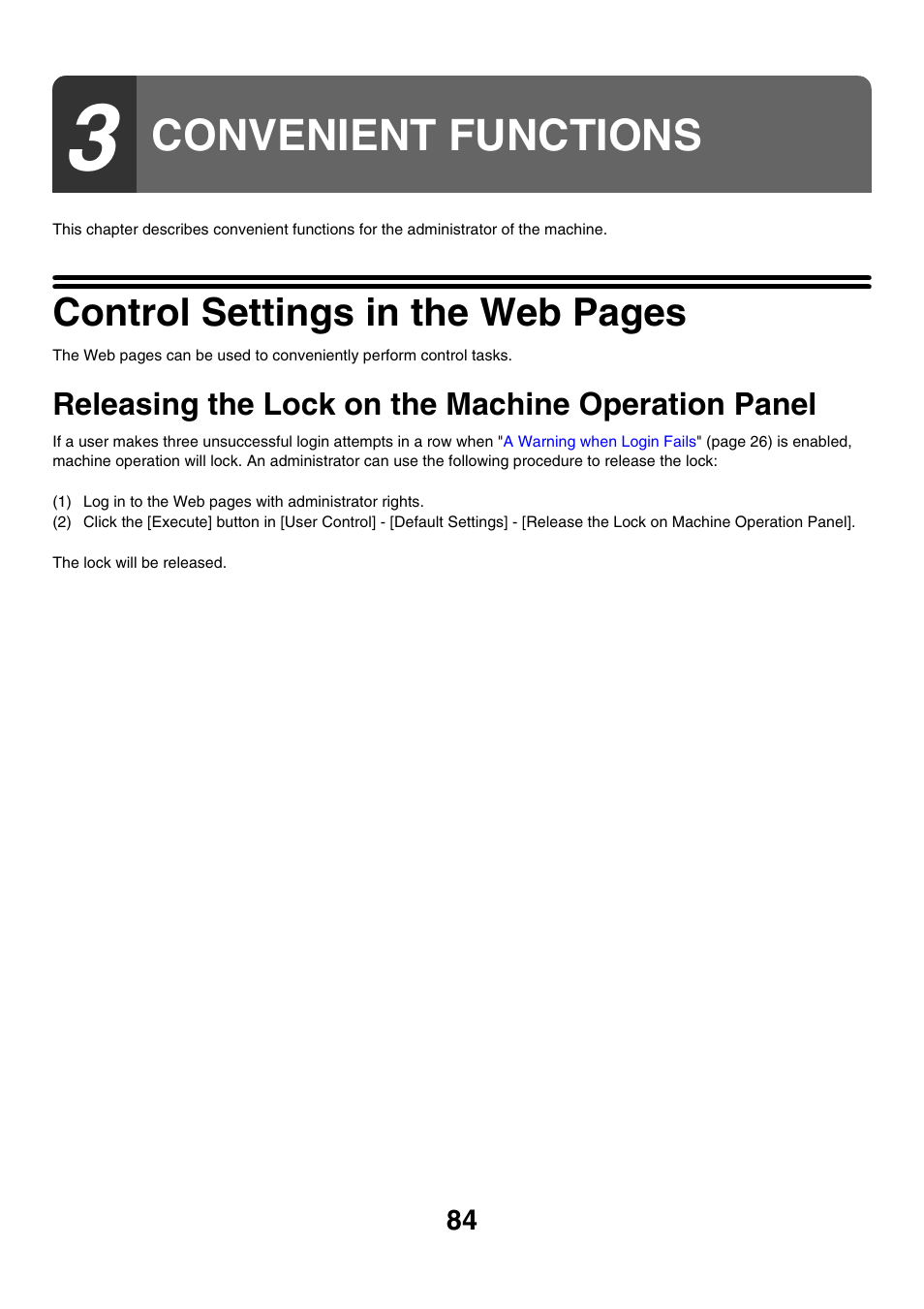 Convenient functions, Releasing the lock on the machine operation, Panel | Control settings in the web pages, Releasing the lock on the machine operation panel | Sharp MX-M850 User Manual | Page 654 / 655