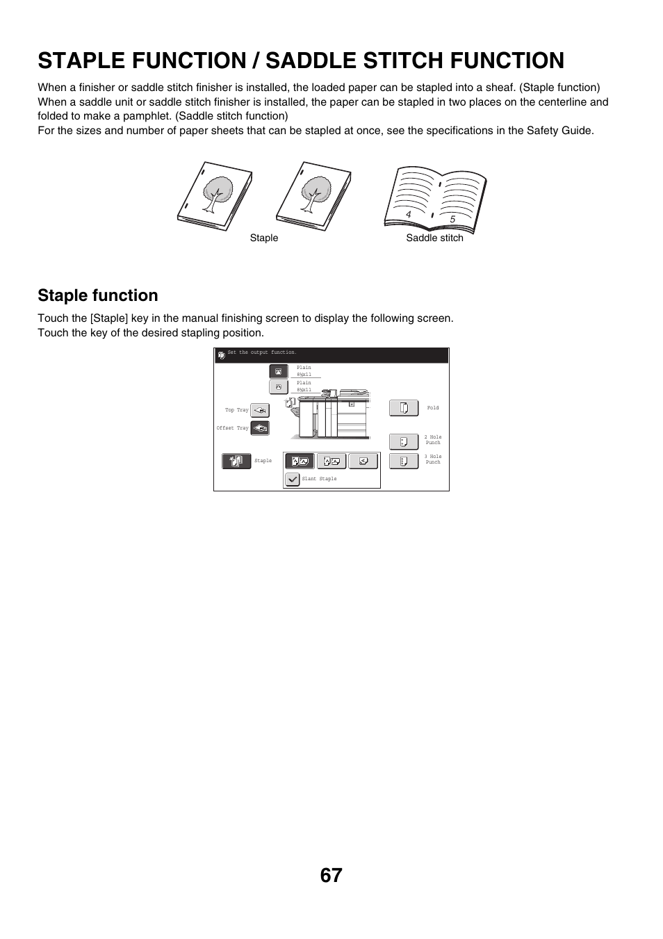 Staple function / saddle stitch, Function, Staple function / saddle stitch function | Ge 67), Staple function | Sharp MX-M850 User Manual | Page 67 / 655