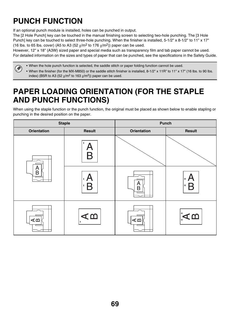 Punch function, Paper loading orientation (for the, Staple and punch functions) | E 69) | Sharp MX-M850 User Manual | Page 69 / 655