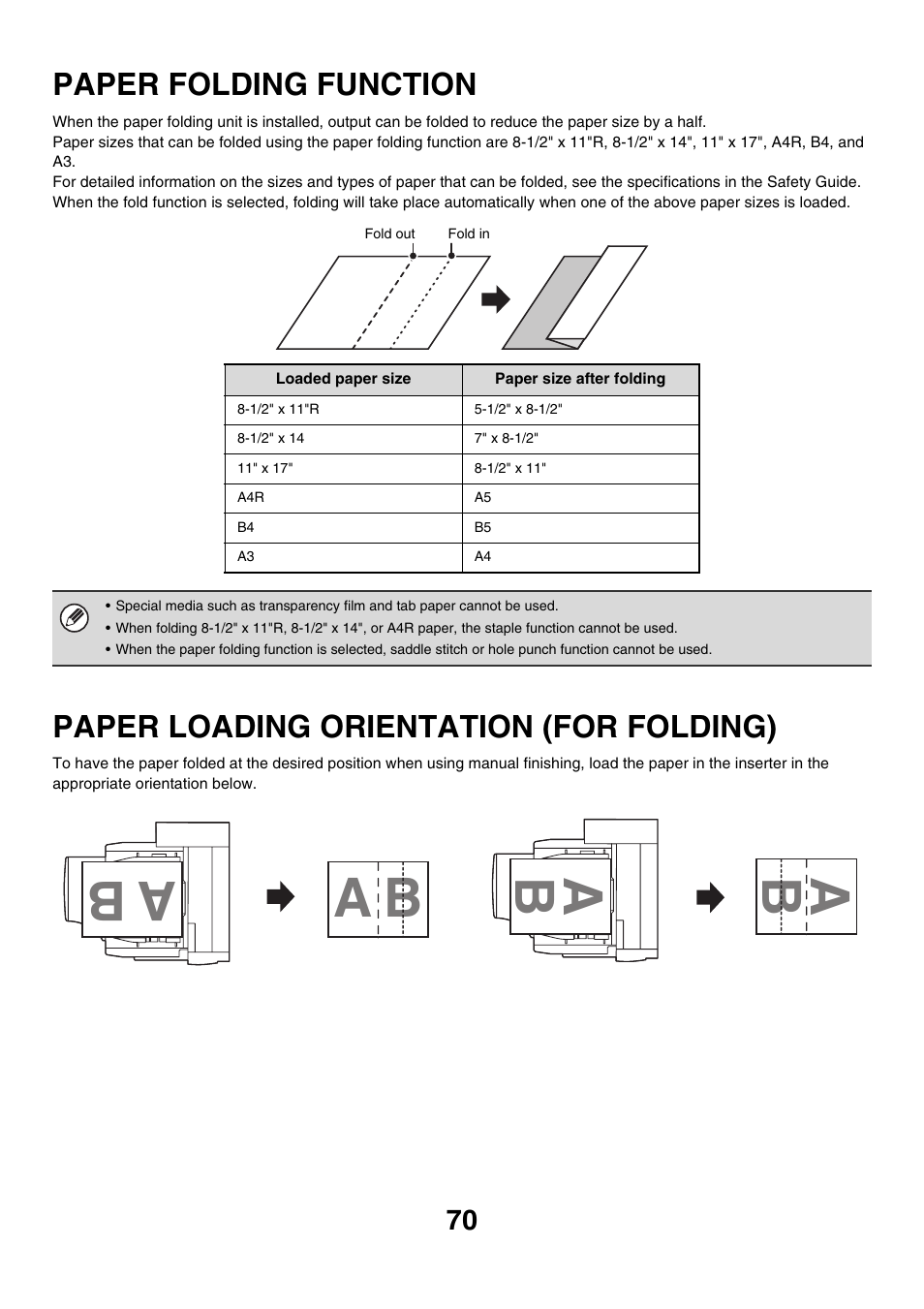 Paper folding function, Paper loading orientation (for, Folding) | Paper loading orientation (for folding) | Sharp MX-M850 User Manual | Page 70 / 655