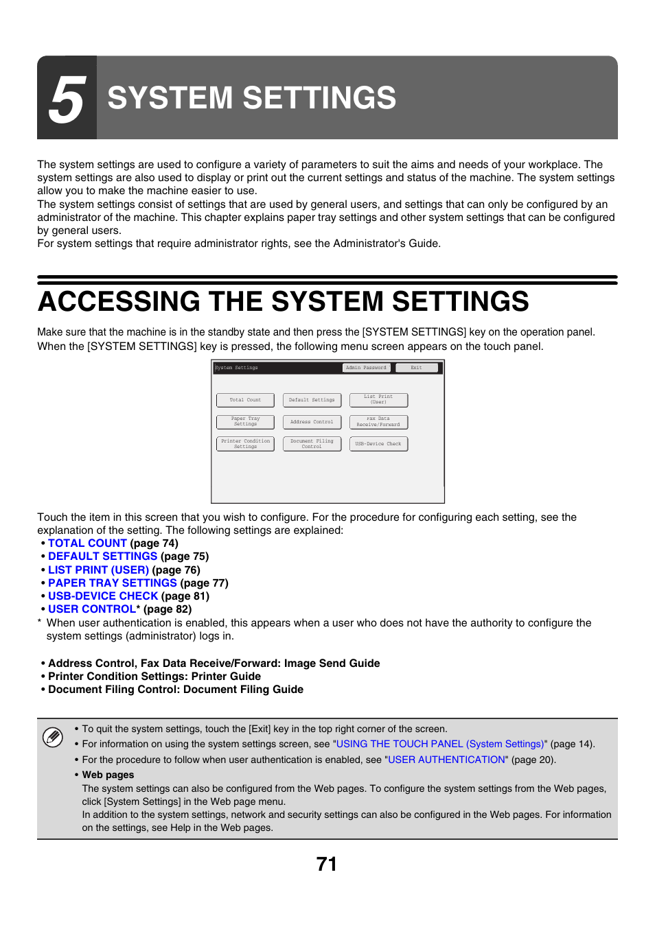System settings, Accessing the system settings, Ge 71) | Sharp MX-M850 User Manual | Page 71 / 655