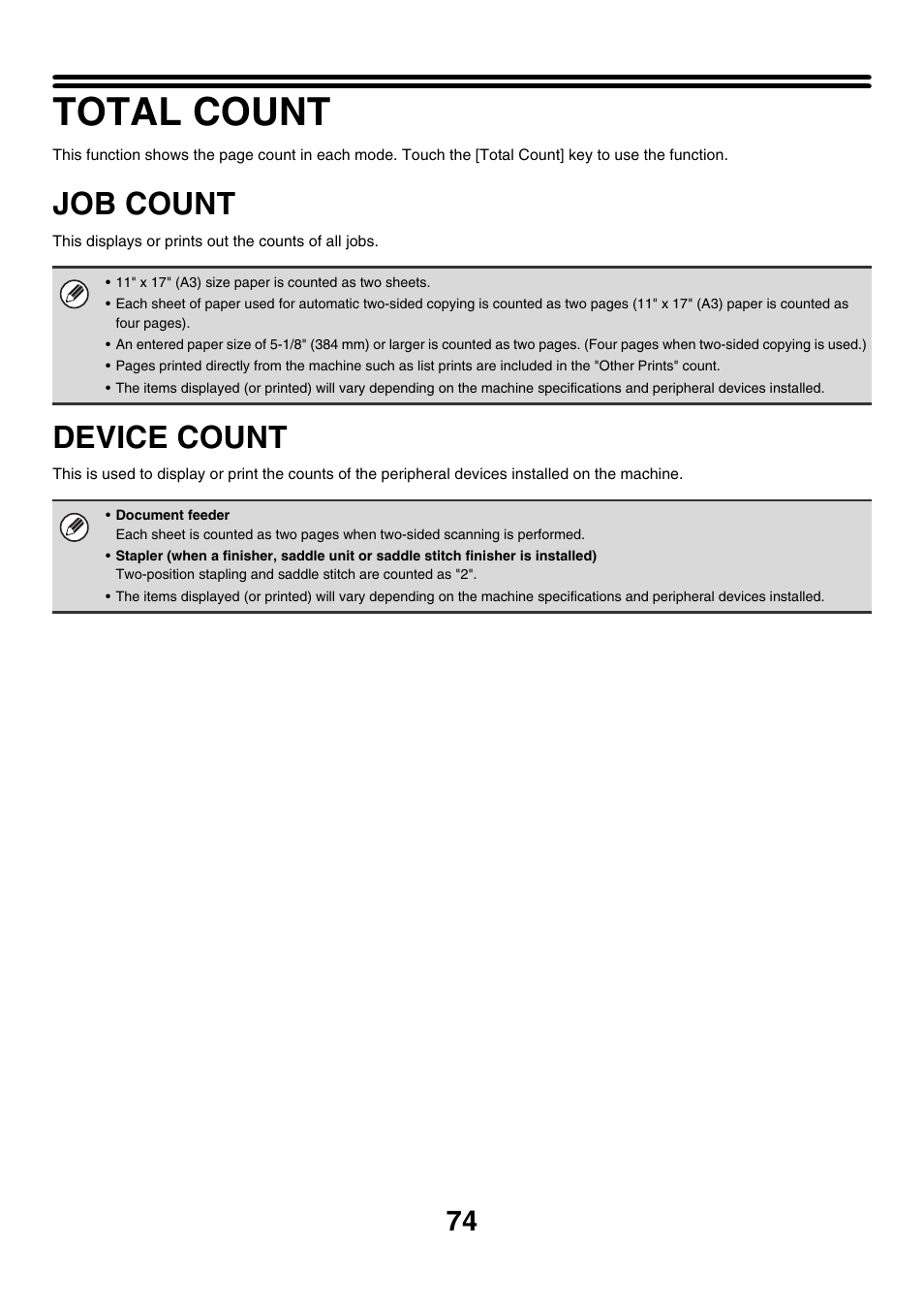 Total count, Job count, Device count | Sharp MX-M850 User Manual | Page 74 / 655