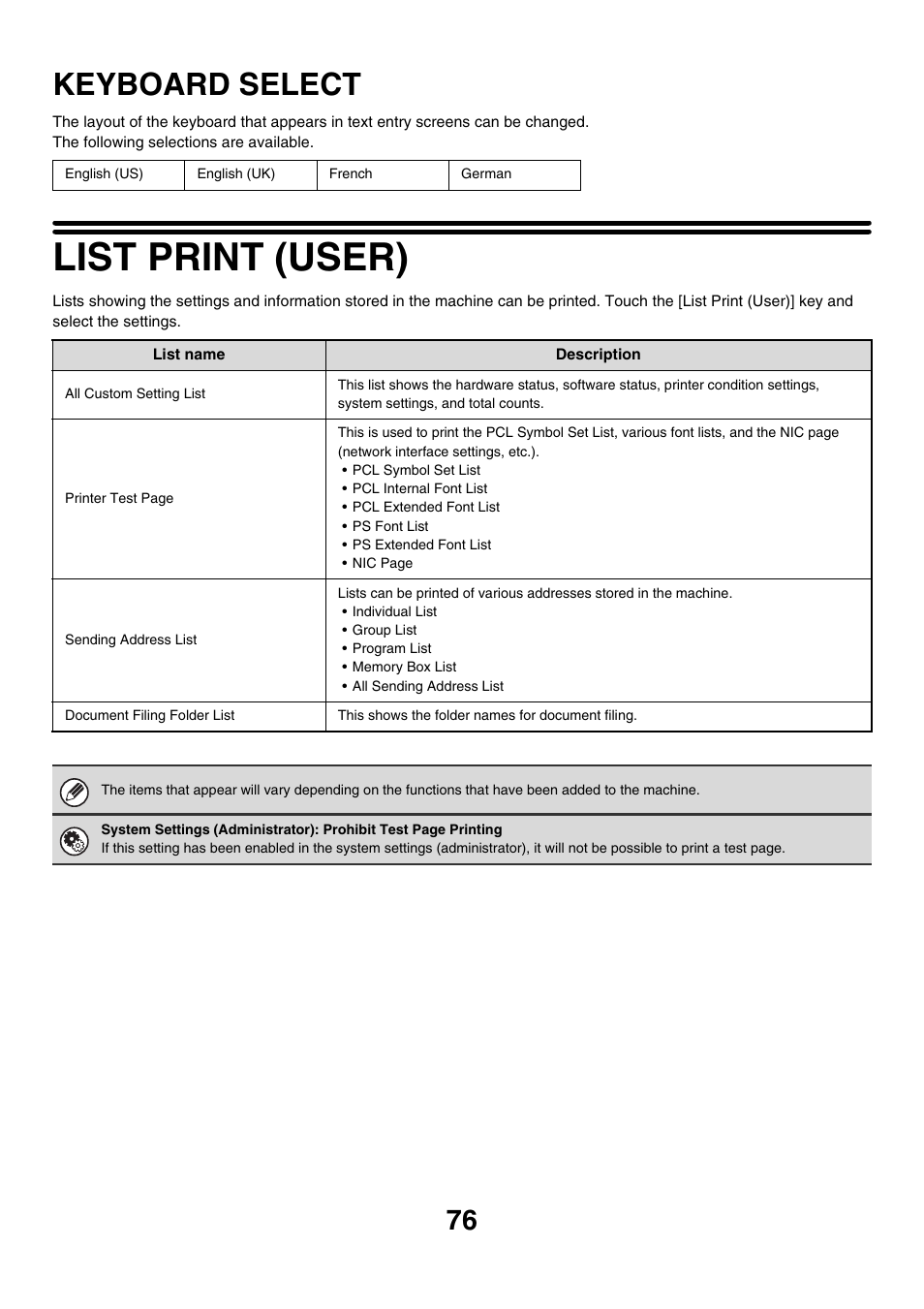 Keyboard select, List print (user), E 76) | Docu | Sharp MX-M850 User Manual | Page 76 / 655