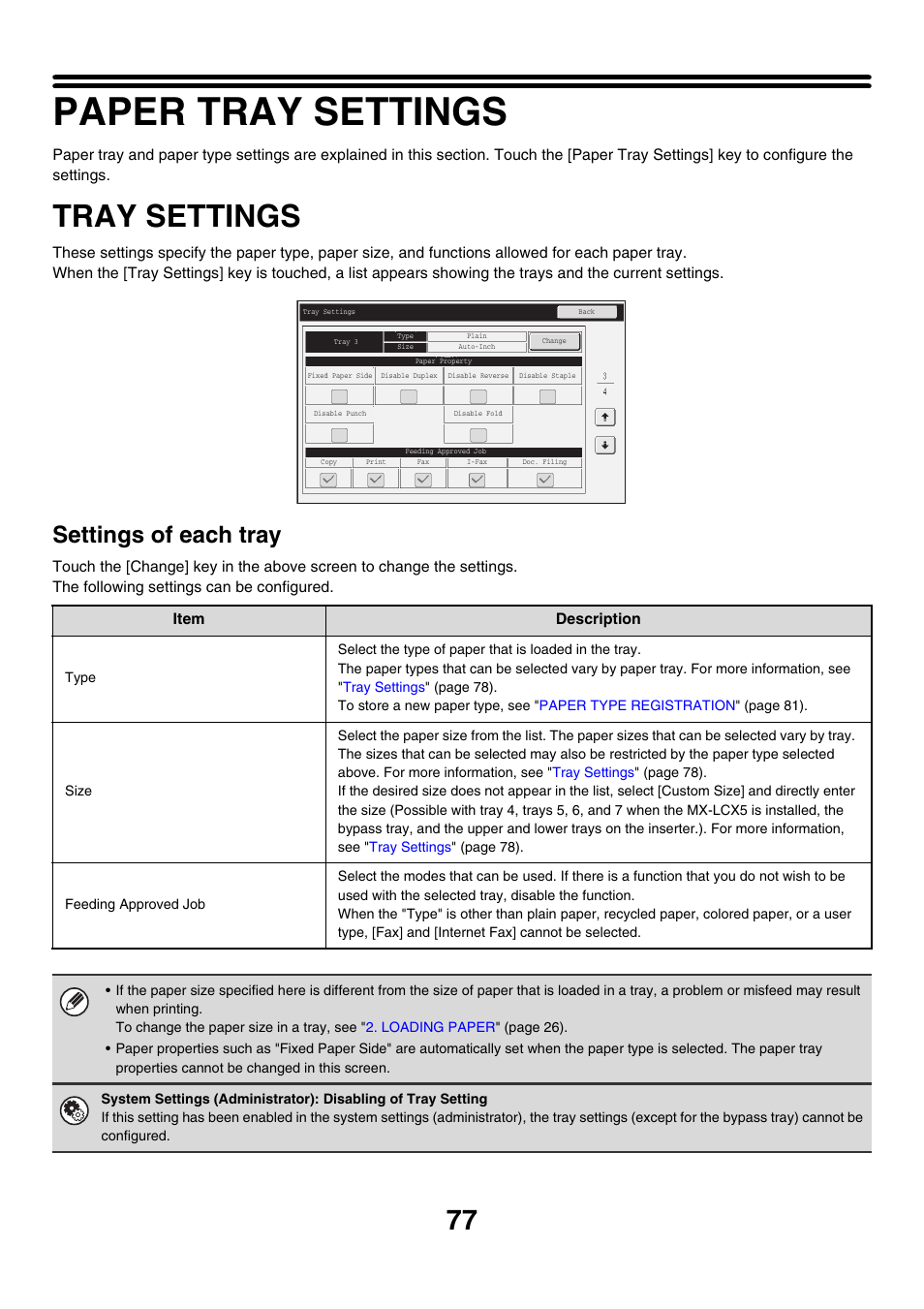 Paper tray settings, Tray settings, Ge 77) in t | Paper tray, Settings, Ge 77) in, E 77) in th, Ge 77) in the syste, E 77), Paper | Sharp MX-M850 User Manual | Page 77 / 655