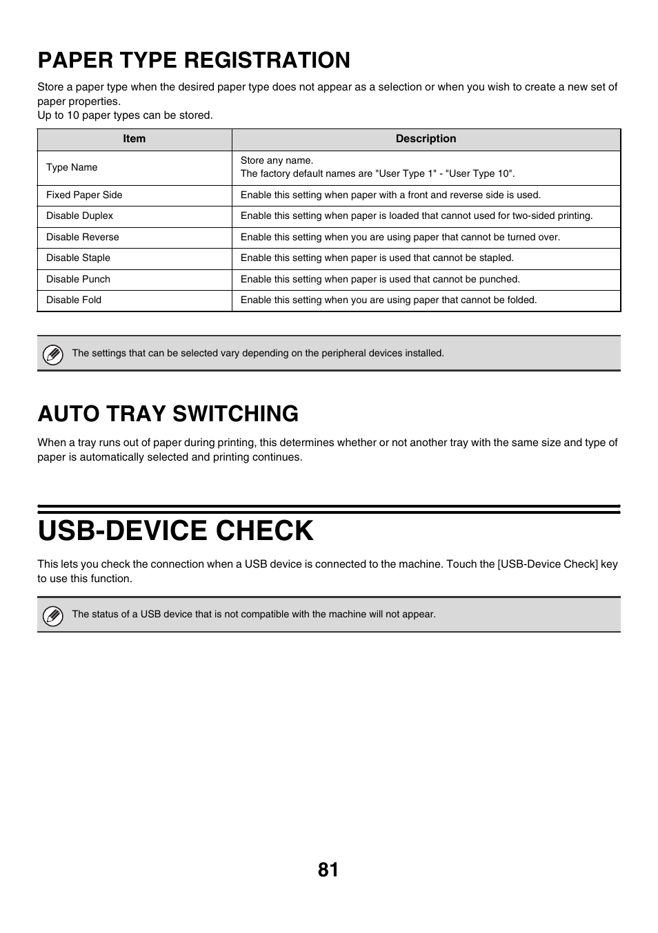 Paper type registration, Auto tray switching, Usb-device check | E 81) | Sharp MX-M850 User Manual | Page 81 / 655