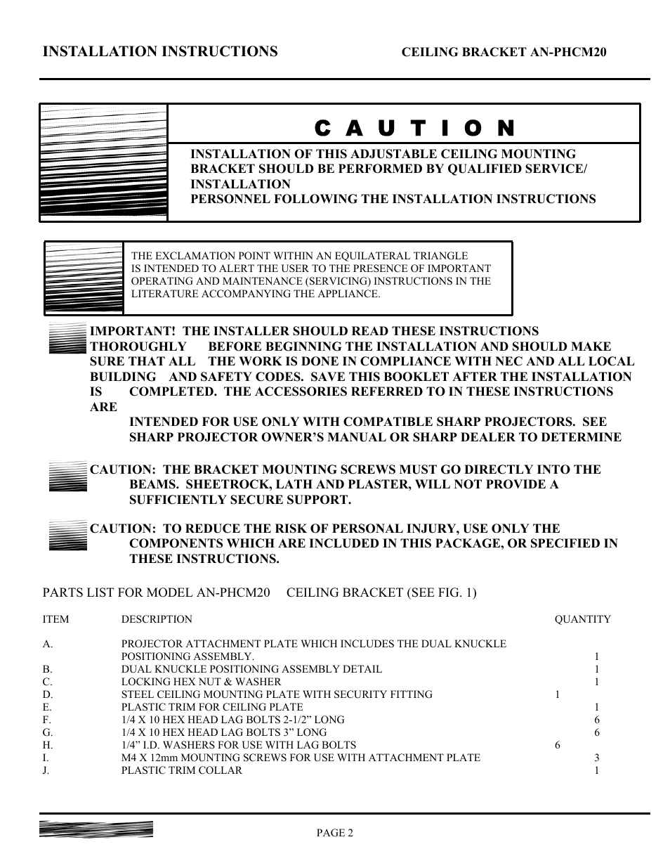 Installation instructions | Sharp AN-PHCM20 XG-PH50X User Manual | Page 2 / 13