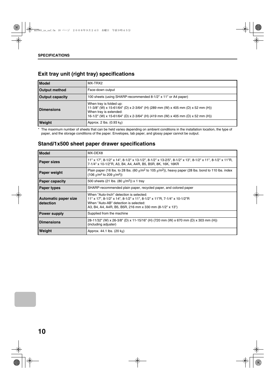 Exit tray unit (right tray) specifications, Stand/1x500 sheet paper drawer specifications | Sharp MX-4100N User Manual | Page 12 / 28