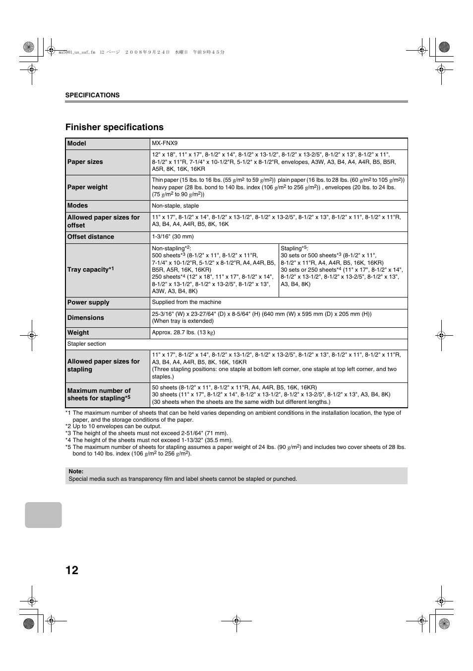 Finisher specifications | Sharp MX-4100N User Manual | Page 14 / 28