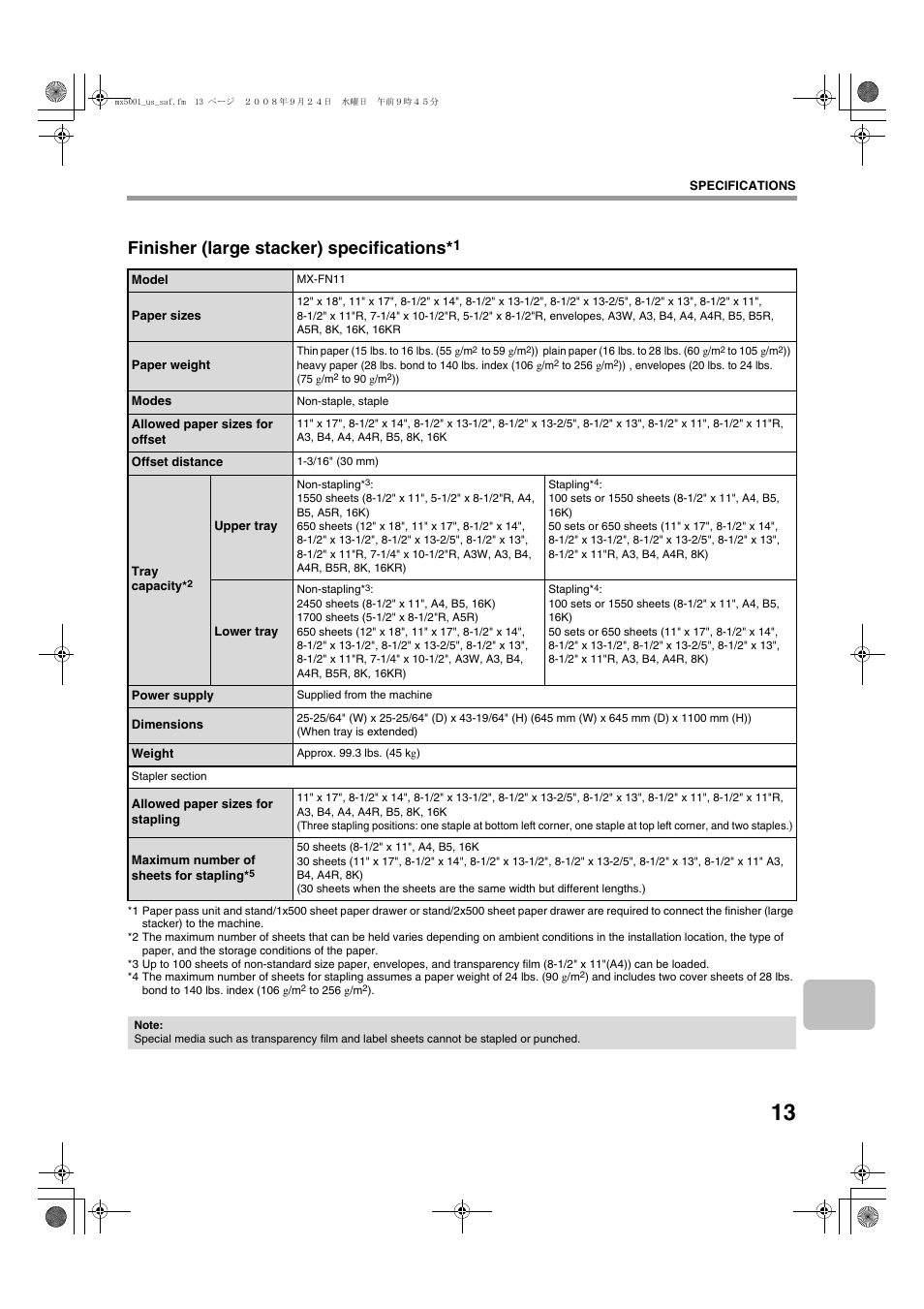 Finisher (large stacker) specifications | Sharp MX-4100N User Manual | Page 15 / 28