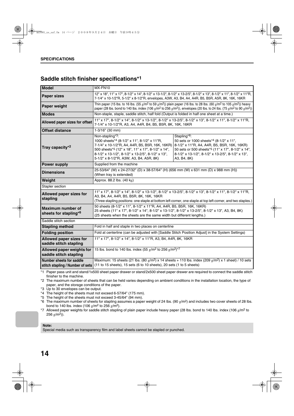 Saddle stitch finisher specifications | Sharp MX-4100N User Manual | Page 16 / 28
